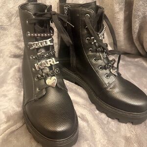 Karl Lagerfeld Black Combat Boots with Silver Accents
